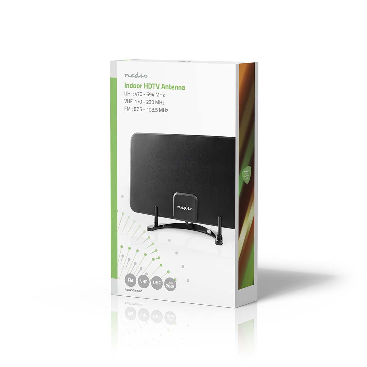 Nedis Aktiv Indendørs DVB-T/T2 antenne sort flad på fod, frekvensområder, TV/radio ikoner, grønne/brune detaljer.
