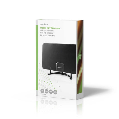 Nedis Aktiv Indendørs DVB-T/T2 antenne sort flad på fod, frekvensområder, TV/radio ikoner, grønne/brune detaljer.