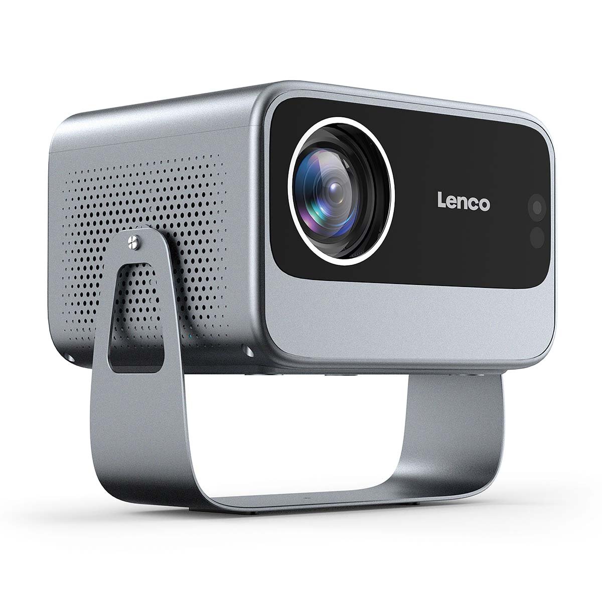 Lenco LCF LPJ-960SI smart wifi projektor sølv/sort på metalstativ med stor linse og ventilerede sider.