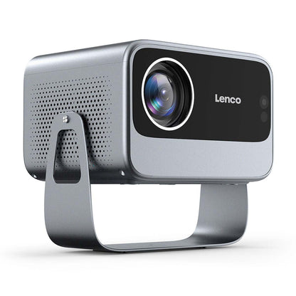 Lenco LCF LPJ-960SI smart wifi projektor sølv/sort på metalstativ med stor linse og ventilerede sider.