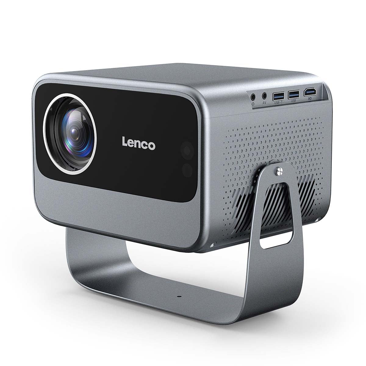 Lenco LCF LPJ-960SI Smart Wifi projektor, sølvgrå, cirkulær linse, sort front, sideventilation, USB og HDMI porte, buet metalstand.