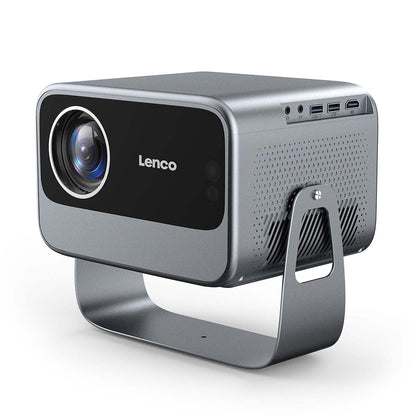 Lenco LCF LPJ-960SI Smart Wifi projektor, sølvgrå, cirkulær linse, sort front, sideventilation, USB og HDMI porte, buet metalstand.