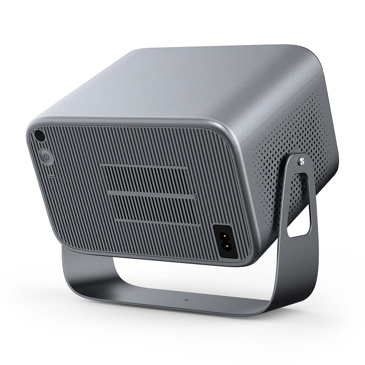 Lenco LPJ-960SI Smart Wifi projektor metallic grå, ventilerede sider, buet stander, bagpanel med tænd/sluk og strømport.