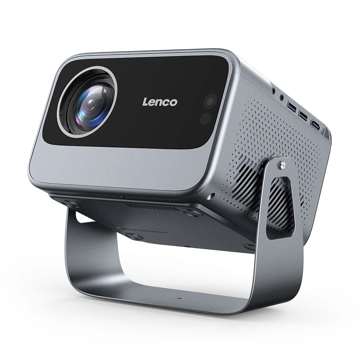 Lenco LPJ-960SI Smart Wifi mini projektor med stor venstre linse, knapper til højre og solidt metalstativ.