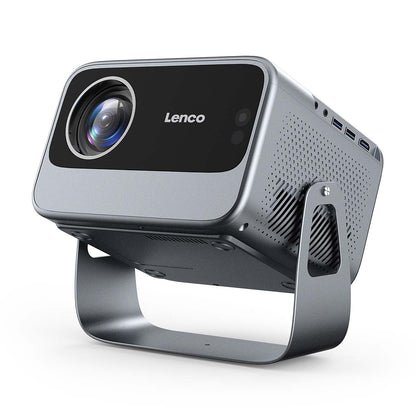 Lenco LPJ-960SI Smart Wifi mini projektor med stor venstre linse, knapper til højre og solidt metalstativ.