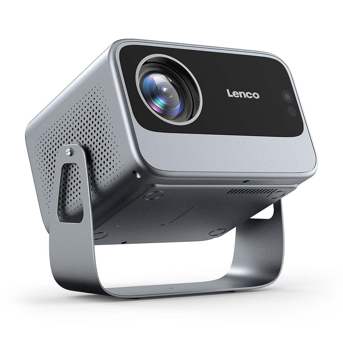 Lenco LCF LPJ-960SI Smart Wifi projektor i sølv med stor linse på metalstativ.