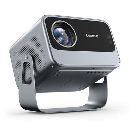 Lenco LCF LPJ-960SI Smart Wifi projektor i sølv med stor linse på metalstativ.