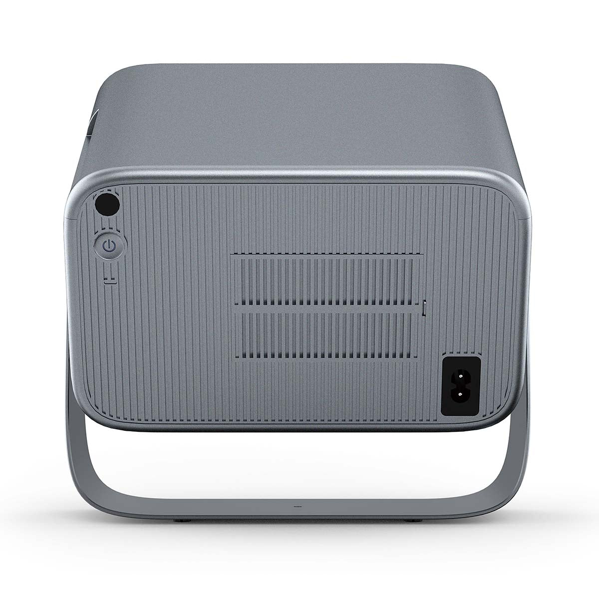 Lenco LCF LPJ-960SI Smart Wifi Projektor sølv bagfra med powerknap, ventilationsgitter og strømindgang på buet stander.