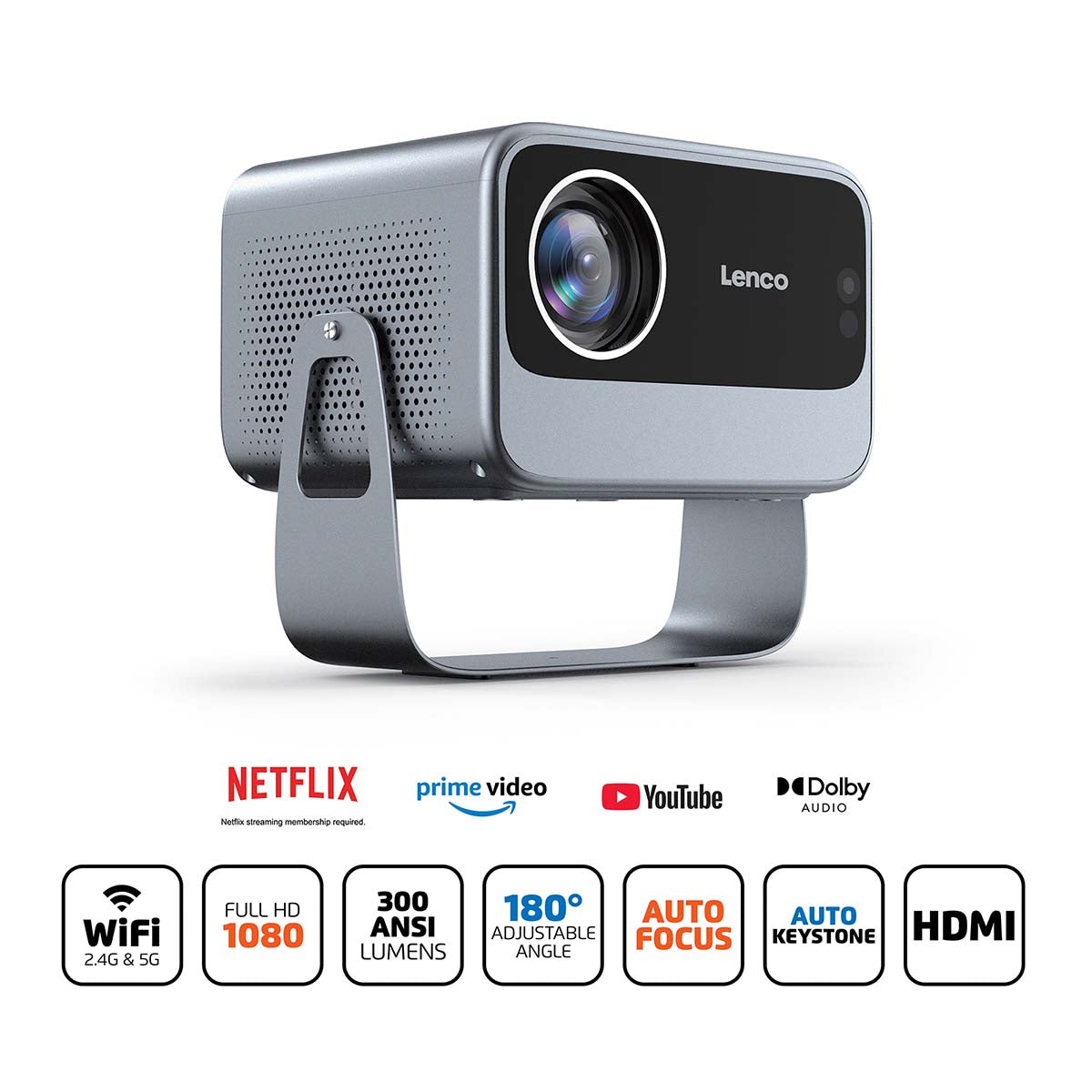 Lenco LCF LPJ-960SI kompakt Smart Wifi projektor, stativ, frontlinse, logo, ikoner for WiFi, Full HD 1080p, HDMI.