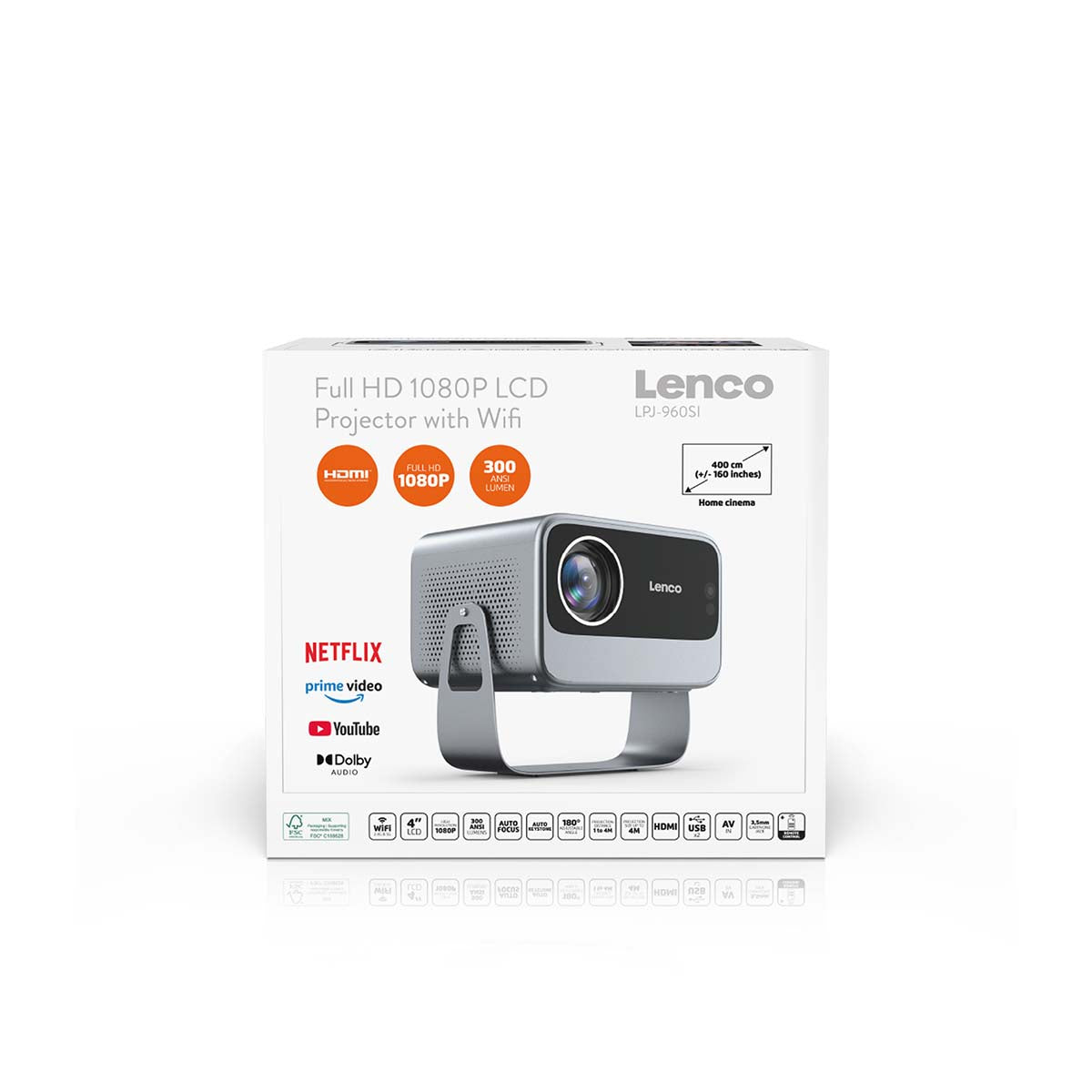 Lenco LCF LPJ-960SI smart wifi projektor æske med HDMI, Netflix, Prime Video, YouTube, Dolby logoer og 300 lumens.