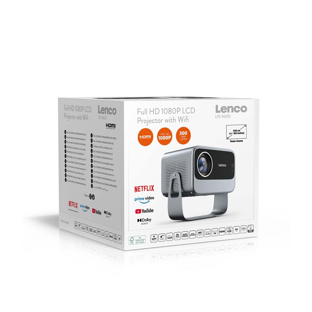 Lenco LCF LPJ-960SI Smart Wifi Projektor, Full HD 1080P, 300 ANSI lumens, HDMI, YouTube, Prime Video, Netflix, Dolby Audio.