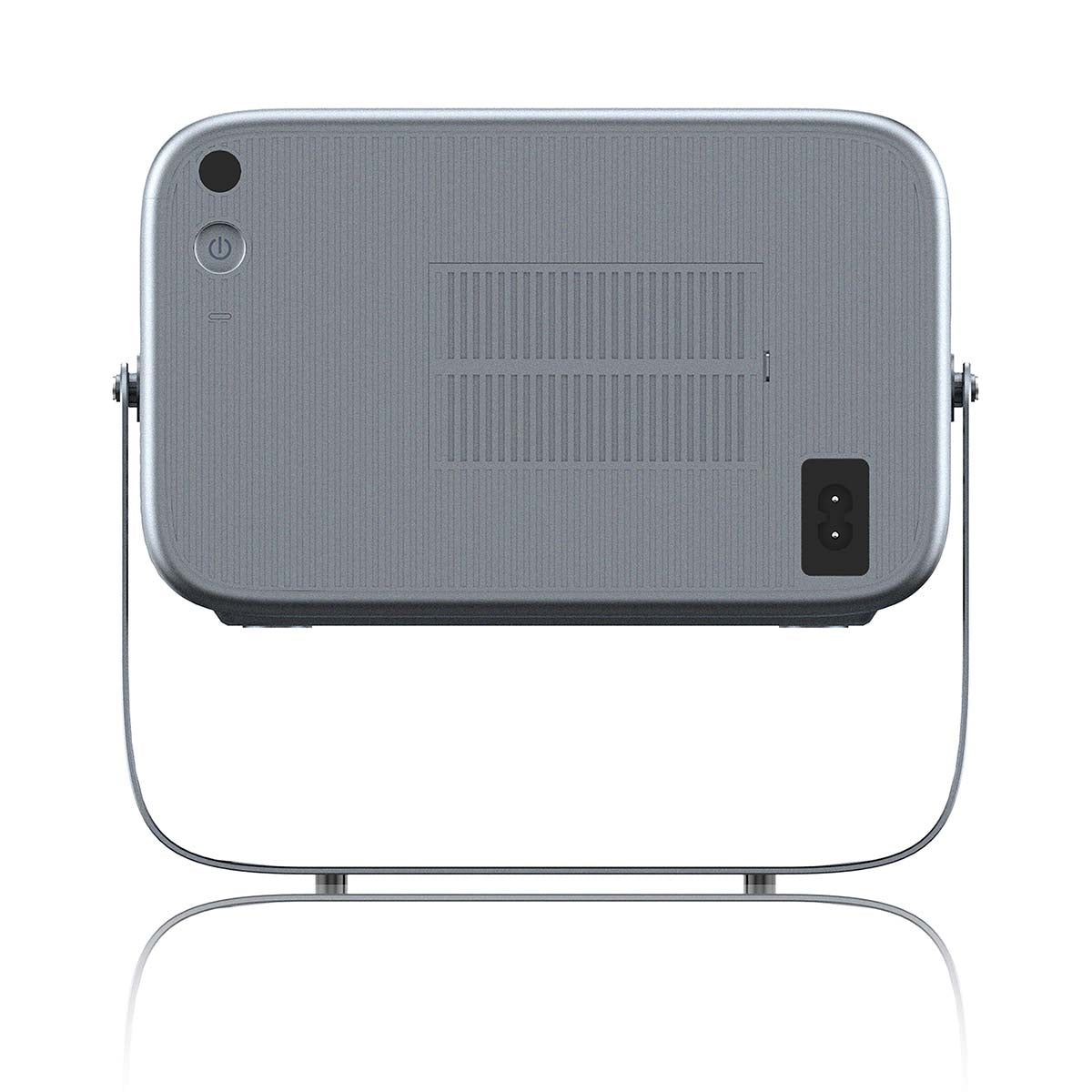 Lenco LCF LPJ-960SI Smart Wifi projektor sølv, rektangulær, ribbet overflade, afrundede kanter, frontknapper, ventiler og strømstik.