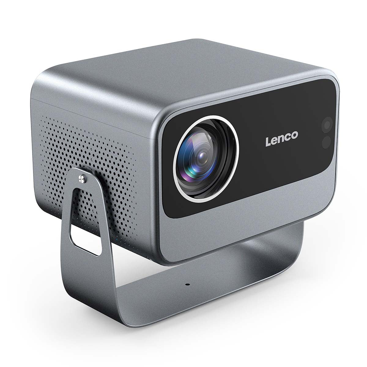 Lenco LCF LPJ-960SI Smart Wifi projektor sølv med stor linse, sort front, sideventilation og robust metalstativ.