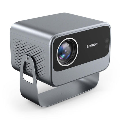 Lenco LCF LPJ-960SI Smart Wifi projektor sølv med stor linse, sort front, sideventilation og robust metalstativ.