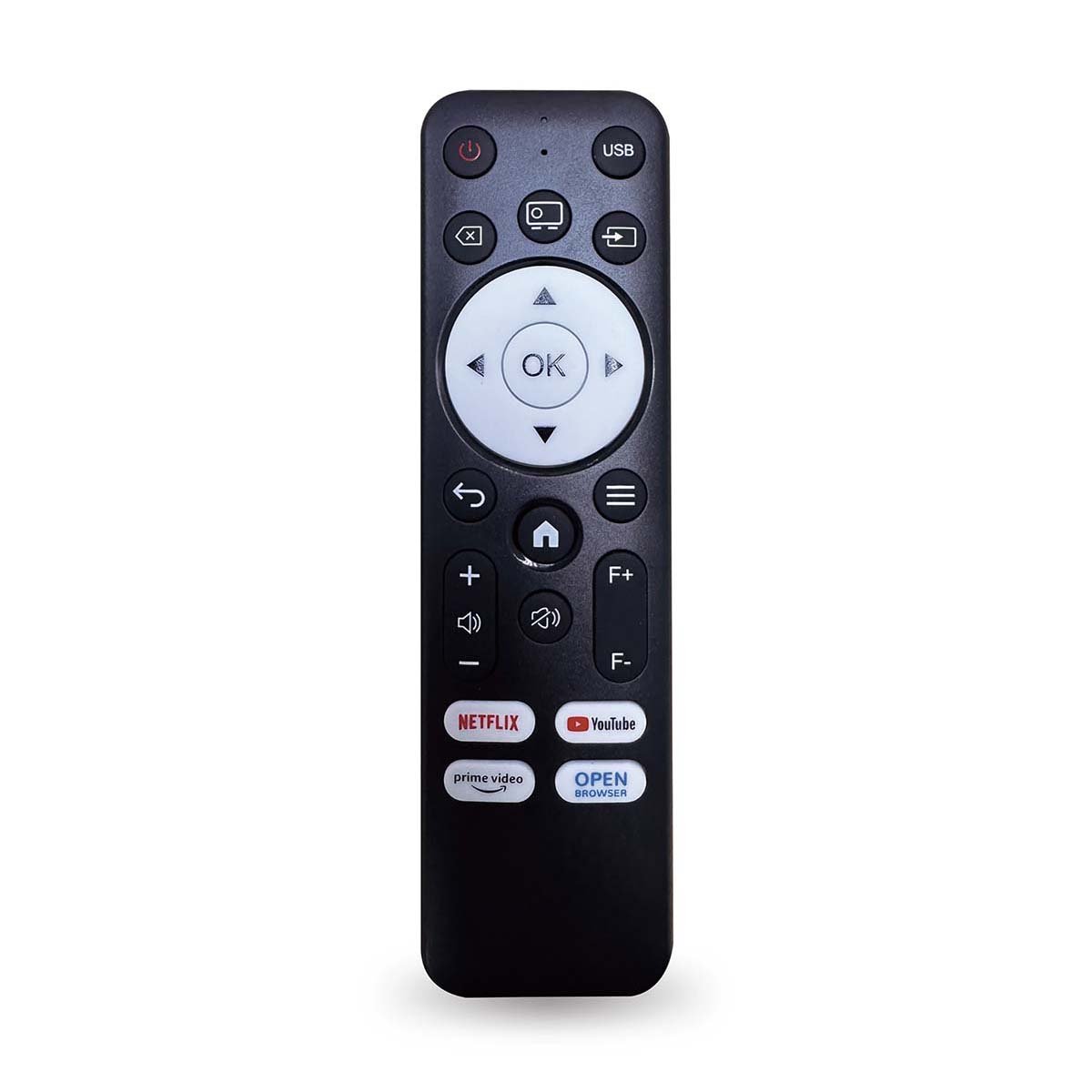 Lenco LCF LPJ-960SI sorterer fjernbetjening med cirkulær navigation, strøm, lydstyrke samt Netflix, Prime Video, YouTube-knapper.