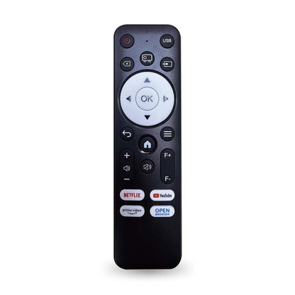 Lenco LCF LPJ-960SI sorterer fjernbetjening med cirkulær navigation, strøm, lydstyrke samt Netflix, Prime Video, YouTube-knapper.