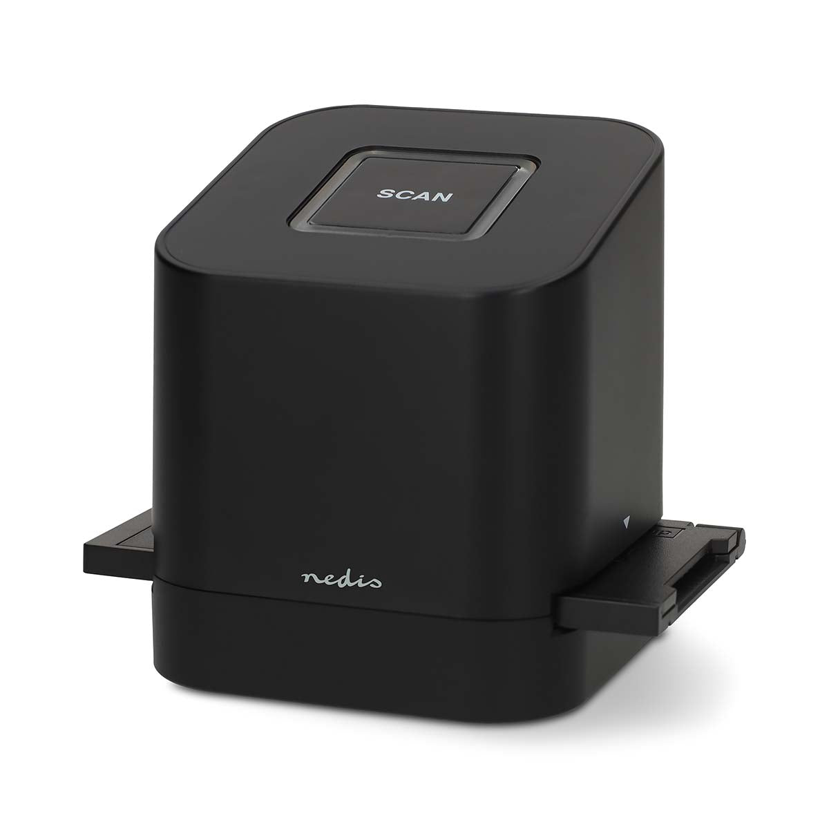 Nedis Slide  Negative Scanner USB-C 8MP sort med SCAN-knap, bakkeudtræk, "redis"-logo og USB-C port.
