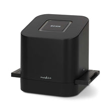 Nedis Slide  Negative Scanner USB-C 8MP sort med SCAN-knap, bakkeudtræk, "redis"-logo og USB-C port.
