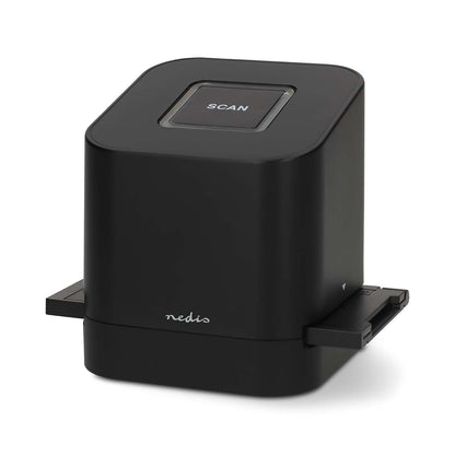 Nedis Slide  Negative Scanner USB-C 8MP sort med SCAN-knap, bakkeudtræk, "redis"-logo og USB-C port.