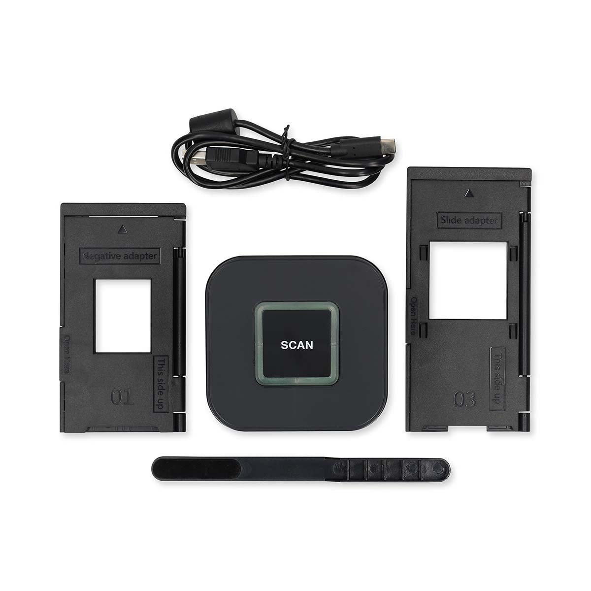 Slide  Negative Scanner 8MP USB-C med SCAN-knap, USB-kabel, til film/slide-adaptere og rensebørste.