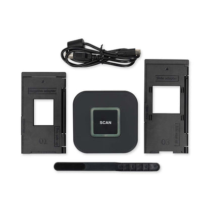 Slide  Negative Scanner 8MP USB-C med SCAN-knap, USB-kabel, til film/slide-adaptere og rensebørste.