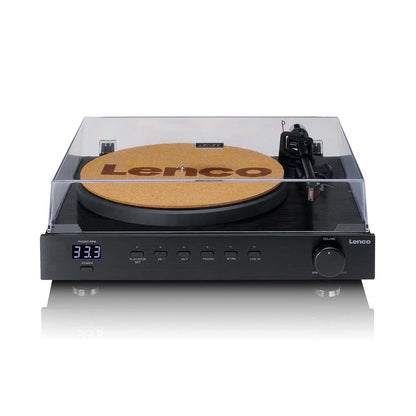 Lenco Pladespiller 2 x 110W Ortofon 2M Red Black sort med indbyggede stereo-højttalere, klar støvlåg, digitalt hastighedsdisplay.