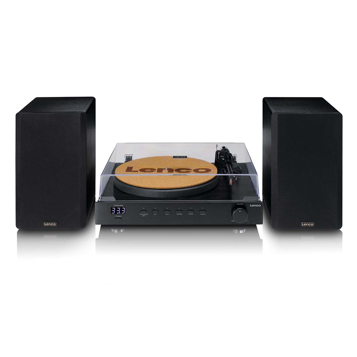 Lenco Pladespiller sort, 2 x 110W, Ortofon 2M Red Black, klar støvlåg, indbyggede højtalere, brun slipmat med logo, display.