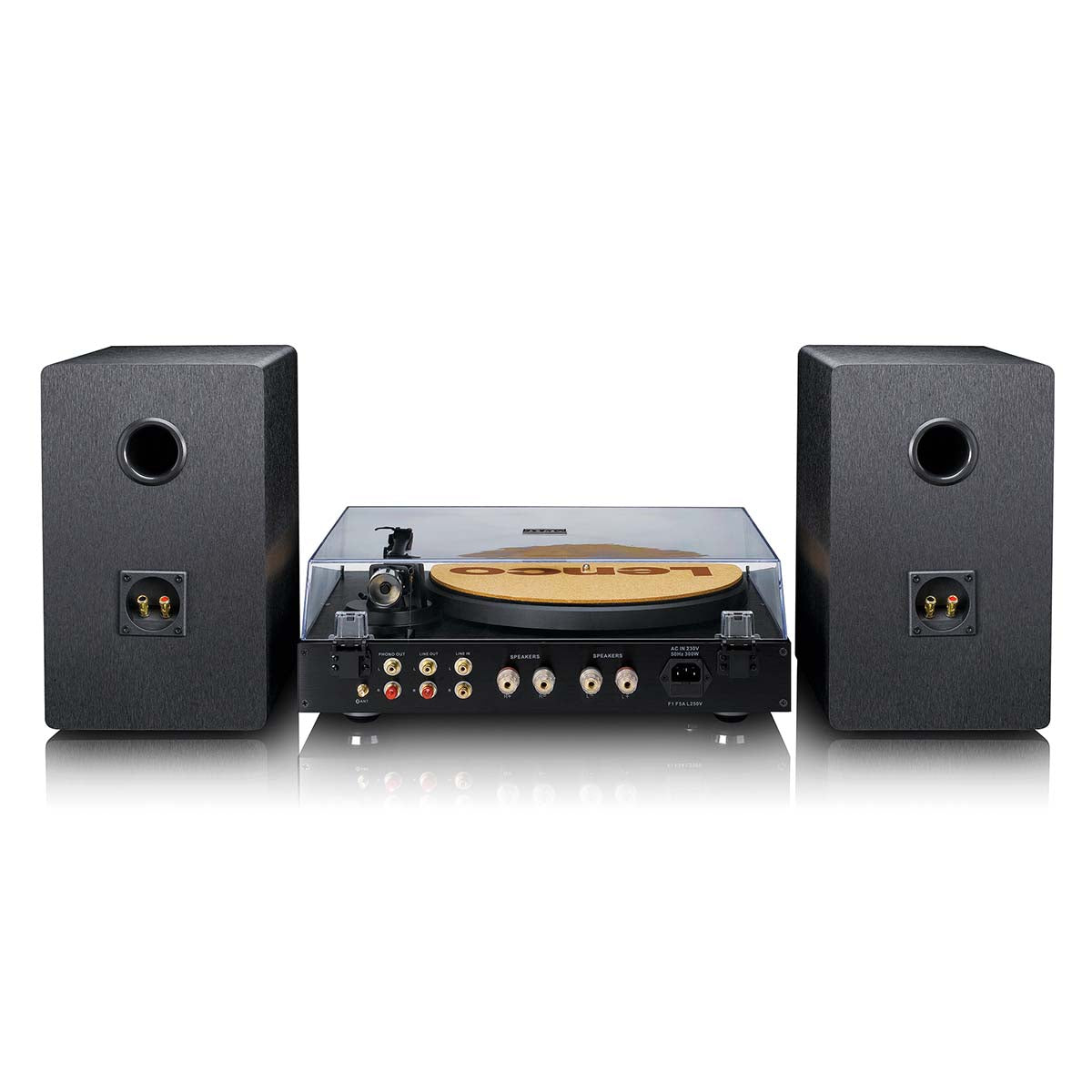Lenco pladespiller 2x110W, træpladetallerken, klar støvlåg, Ortofon 2M Red MM pickup, sorte højttalere, flere porte.