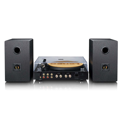 Lenco pladespiller 2x110W, træpladetallerken, klar støvlåg, Ortofon 2M Red MM pickup, sorte højttalere, flere porte.