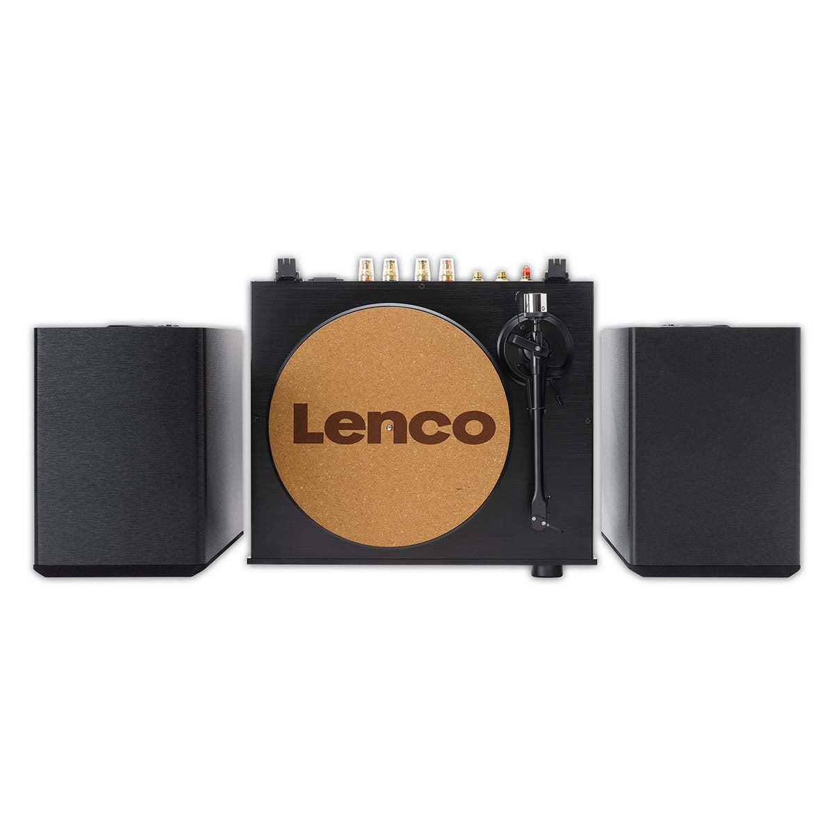 Lenco Pladespiller 2x110W med Ortofon 2M Red pickup, korkmåtte og to sorte højttalere, top-down vinkel.