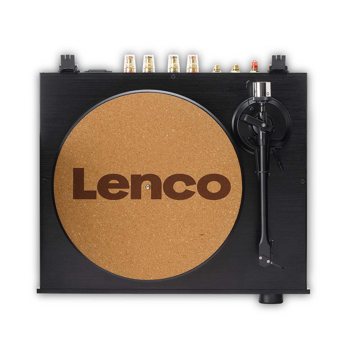 Lenco Pladespiller 2 x 110W sort, Ortofon 2M Red MM-pickup, kork-slipmat med stort brunt Lenco-logo, topmonterede stik.