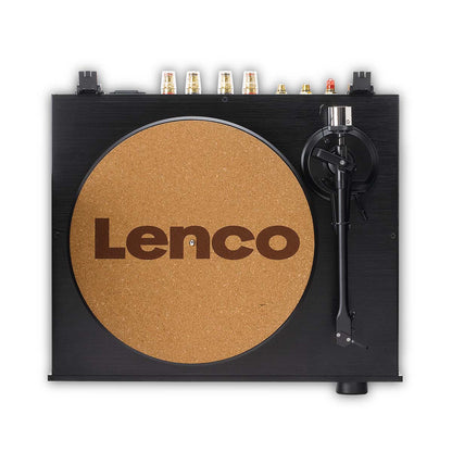 Lenco Pladespiller 2 x 110W sort, Ortofon 2M Red MM-pickup, kork-slipmat med stort brunt Lenco-logo, topmonterede stik.