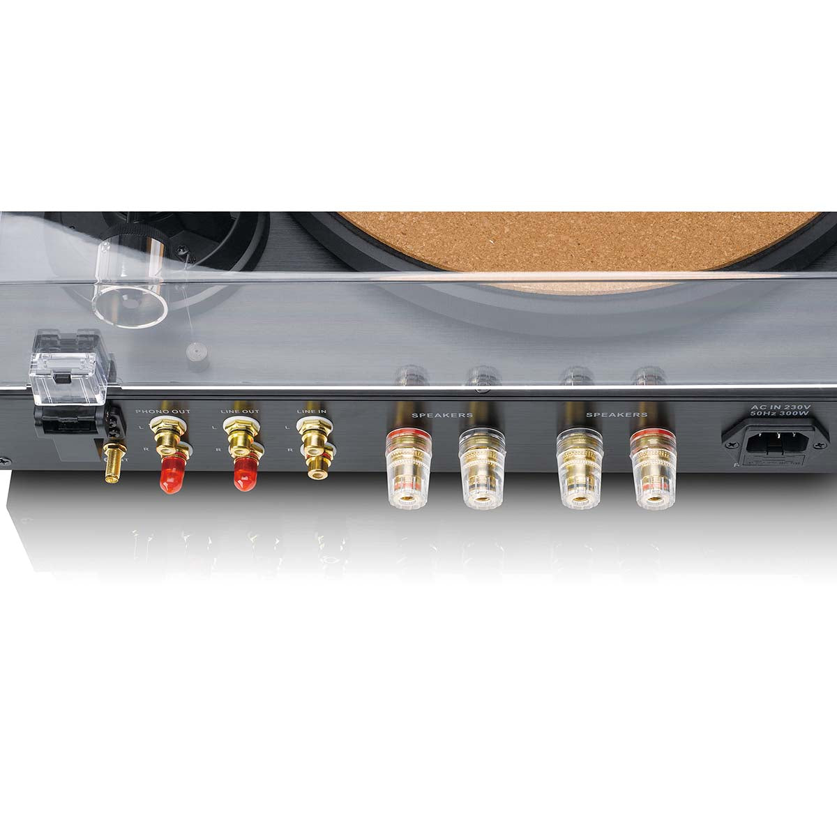 Lenco Pladespiller 2x110W Ortofon 2M Red Black bagpanel med højtalerterminaler, port, strømknap, dæksel og plade.