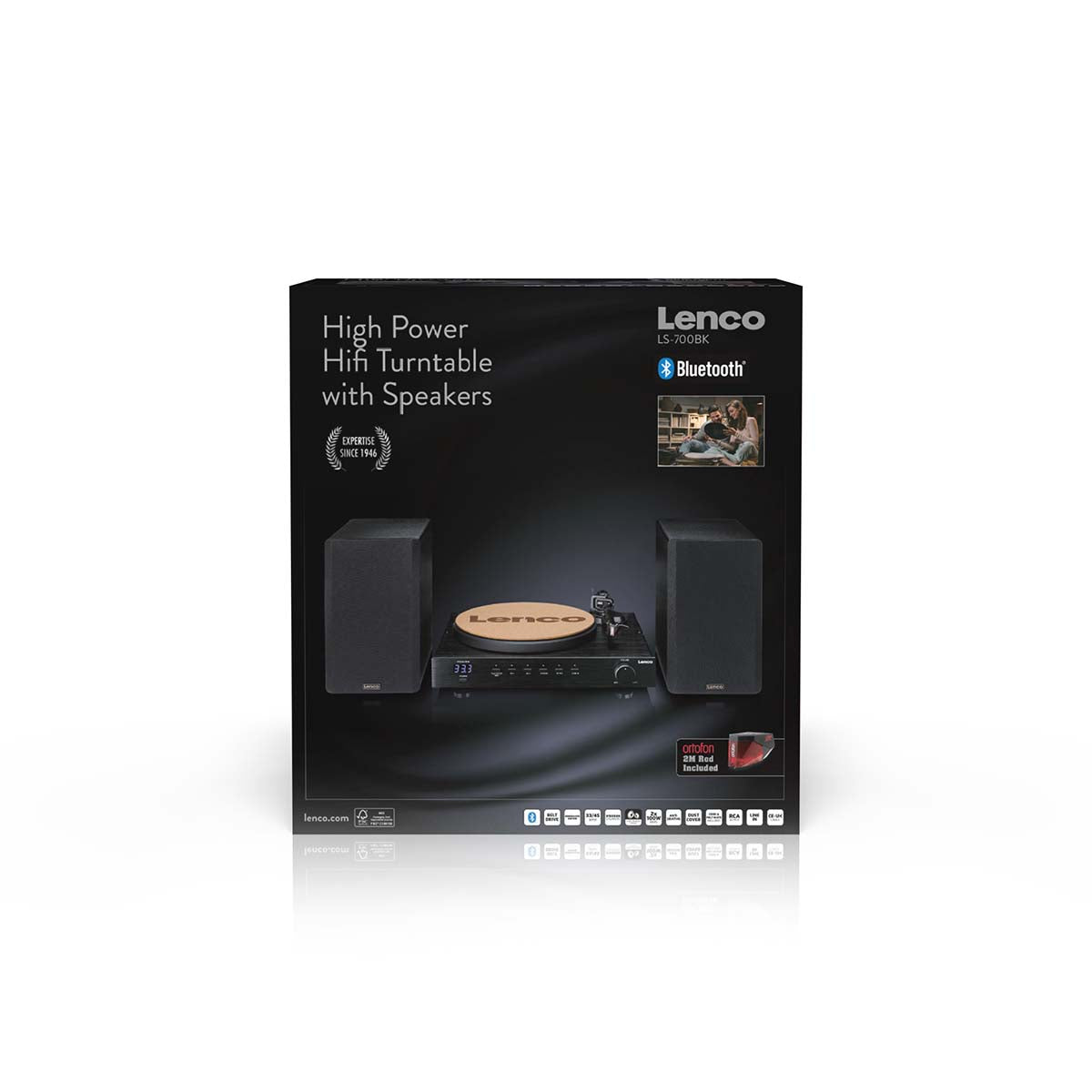 Lenco Pladespiller 2x110W Ortofon 2M Red MM-pickup, to højttalere, Bluetooth vist på sort æske med produktinfo.