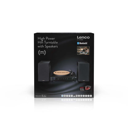 Lenco Pladespiller 2x110W Ortofon 2M Red MM-pickup, to højttalere, Bluetooth vist på sort æske med produktinfo.