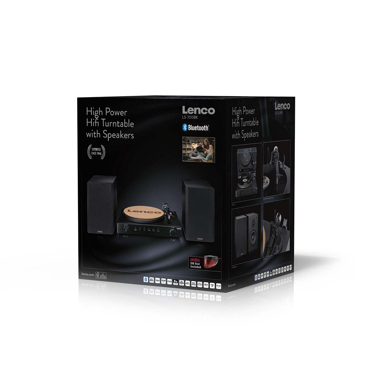 Lenco Pladespiller 2 x 110W Ortofon 2M Red Black med indbyggede stereo højttalere og Bluetooth, æske samt detaljer vises.