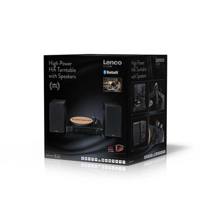 Lenco Pladespiller 2 x 110W Ortofon 2M Red Black med indbyggede stereo højttalere og Bluetooth, æske samt detaljer vises.