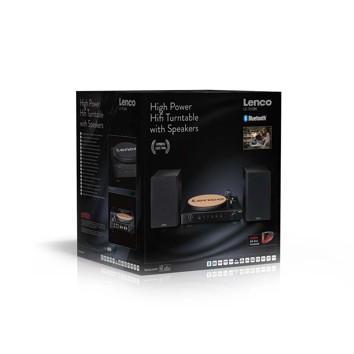 Lenco Pladespiller 2 x 110W Ortofon 2M Red Black æske med produktbilleder, Bluetooth-logo, info om stereo og kraftfuld pladespiller.