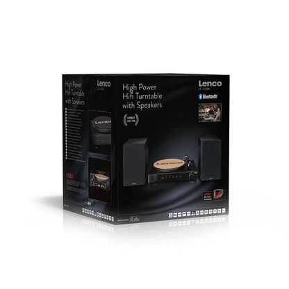 Lenco Pladespiller 2 x 110W Ortofon 2M Red Black æske med produktbilleder, Bluetooth-logo, info om stereo og kraftfuld pladespiller.