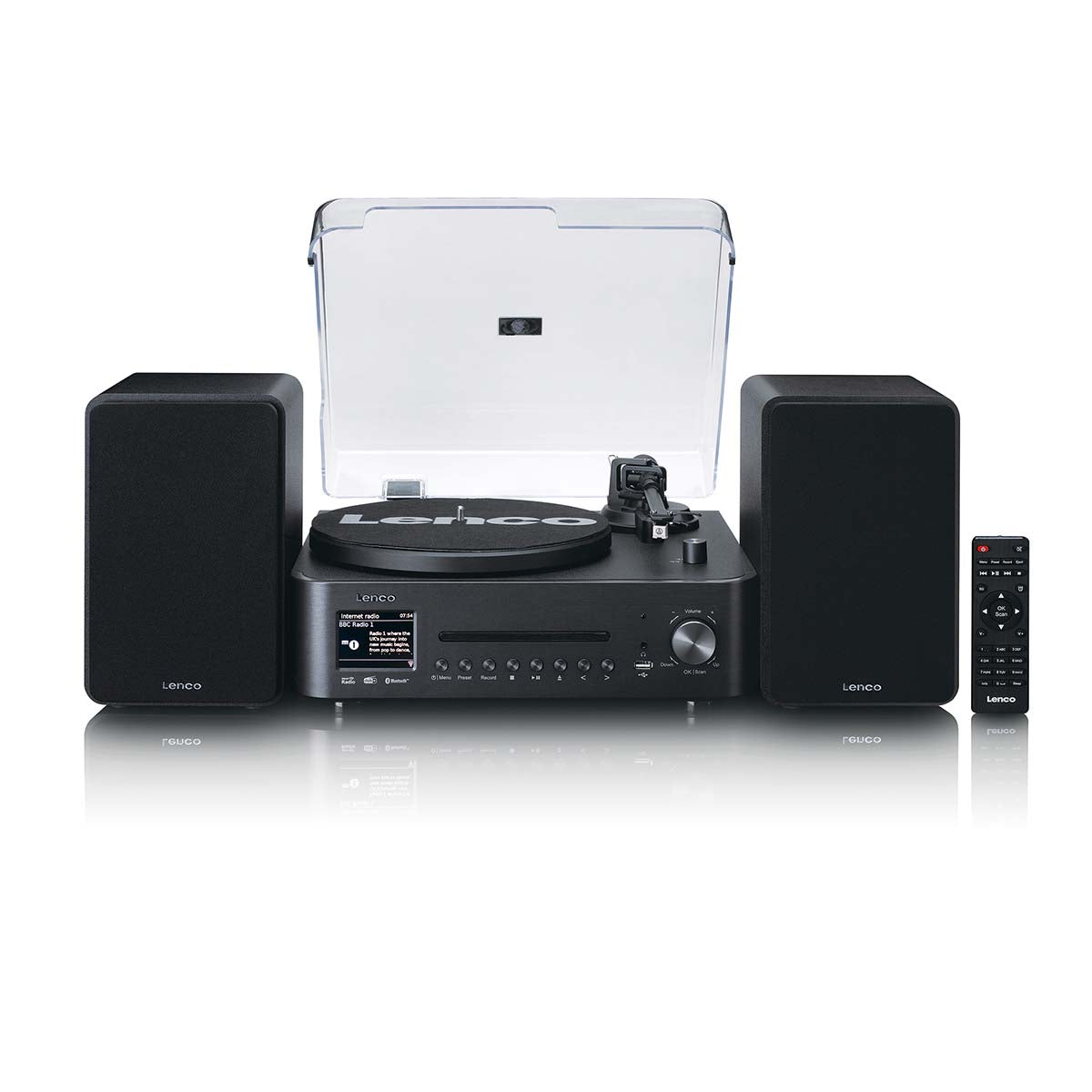 Lenco MC-760BK sort stereoanlæg med pladespiller, DAB+ radio, to sidehøjtalere, gennemsigtigt låg og fjernbetjening.