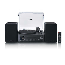 Lenco MC-760BK sort stereoanlæg med pladespiller, DAB+ radio, to sidehøjtalere, gennemsigtigt låg og fjernbetjening.