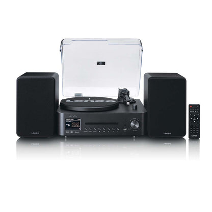 Lenco MC-760BK sort stereoanlæg med pladespiller, DAB+ radio, to sidehøjtalere, gennemsigtigt låg og fjernbetjening.