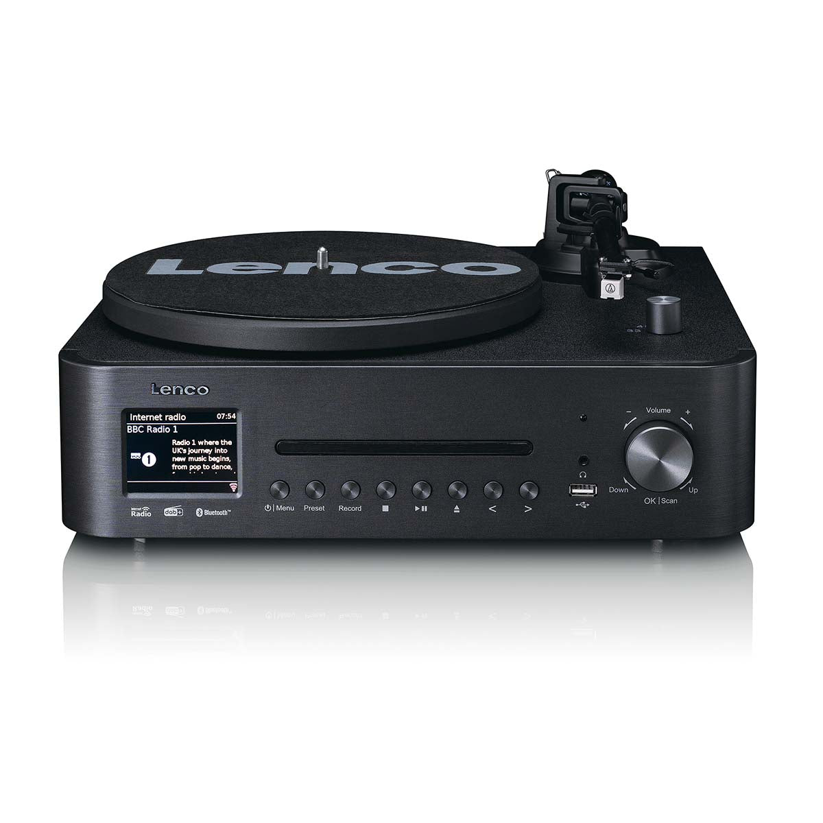 Lenco MC-760BK sort pladespiller med digitalt display, frontknapper og -dials, Lenco-logo på pladetallerken, tonearm til højre.