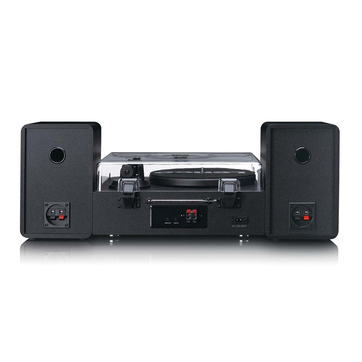 Lenco pladespiller MC-760BK sort med transparent støvlåg, to rektangulære højttalere og DAB+ radio.