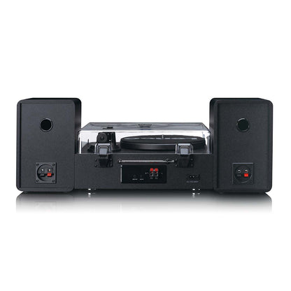Lenco pladespiller MC-760BK sort med transparent støvlåg, to rektangulære højttalere og DAB+ radio.