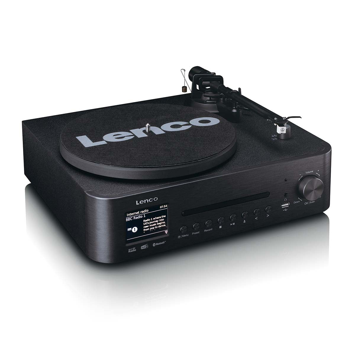 Lenco MC-760BK sort pladespiller med frontbetjening, stor volumenknap og Lenco-logo på støvlåg.