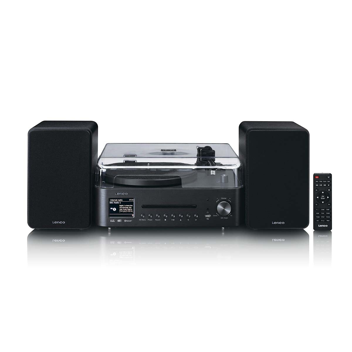 Lenco Pladespiller MC-760BK sort stereo med klart låg, to højttalere, kontrolenhed, CD/MP3, DAB+ radio og fjernbetjening.
