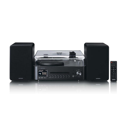 Lenco Pladespiller MC-760BK sort stereo med klart låg, to højttalere, kontrolenhed, CD/MP3, DAB+ radio og fjernbetjening.