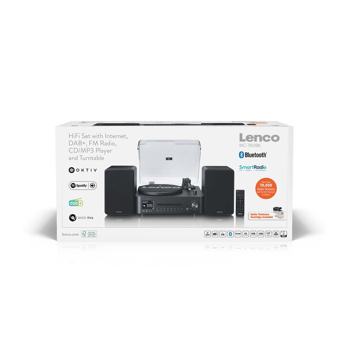 Lenco Pladespiller MC-760BK HiFi æske med internet, DAB+/FM-radio, CD/MP3-afspiller, Bluetooth og streaminglogoer.