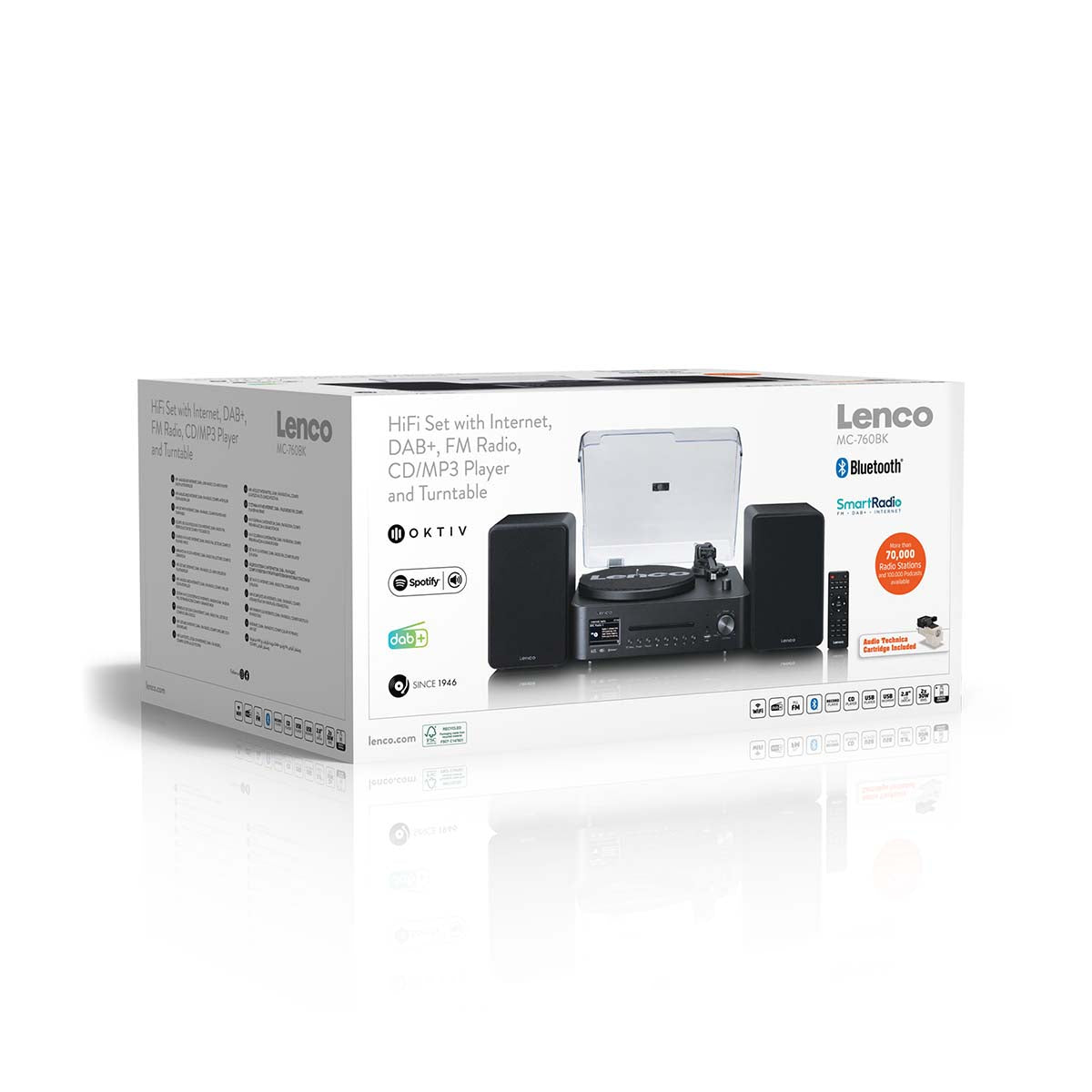 Lenco Pladespiller MC-760BK æske med anlæg, højttalere, fjernbetjening, Bluetooth, DAB+, CD/MP3, FM og internetradio.